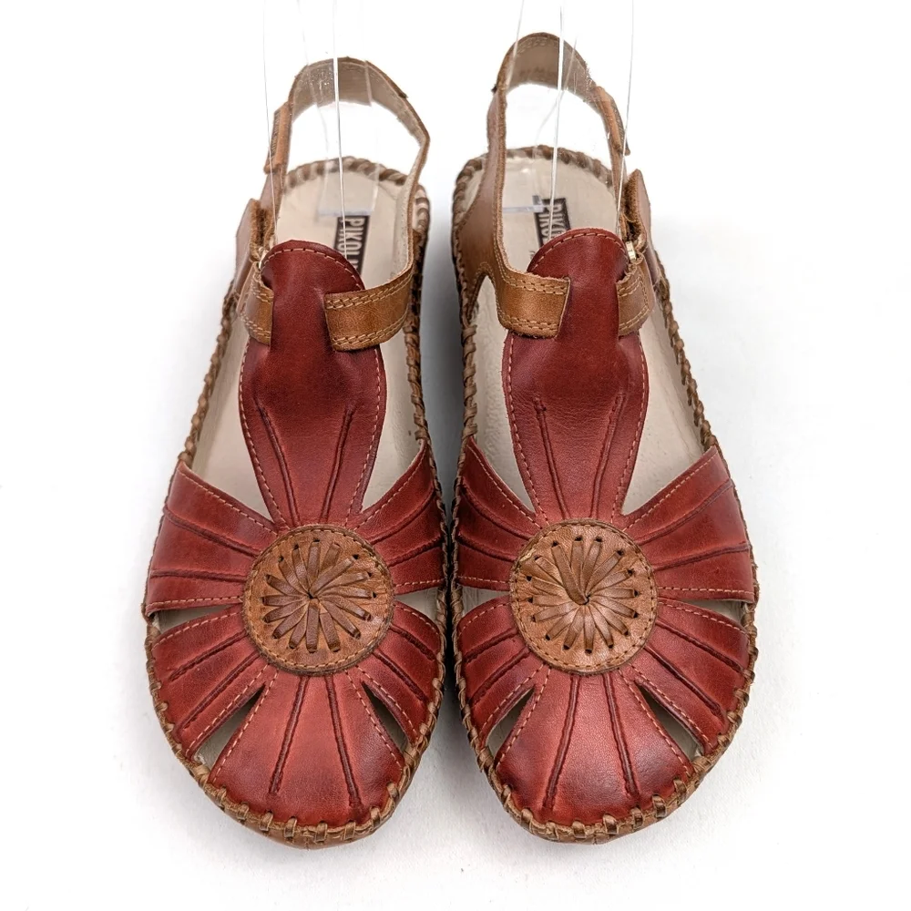 Pikolinos Puerto Vallarta Sandals Leather Slingback Closed Toe Red Tan EU 37